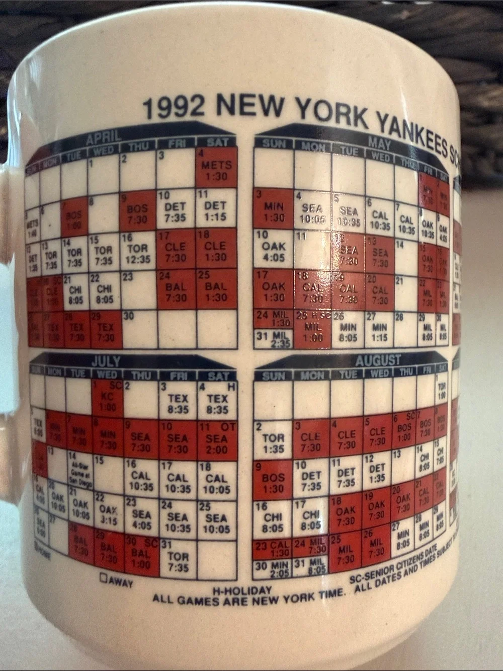 Vintage 1992 MLB New York Yankees Cream Mug with Red and Blue Logo